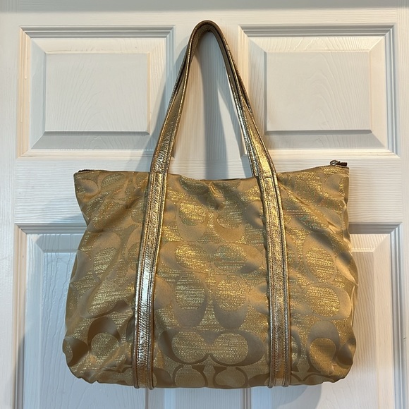 COACH Poppy OP Art Gold Signature Monogram Logo Glam Tote - Picture 6 of 16